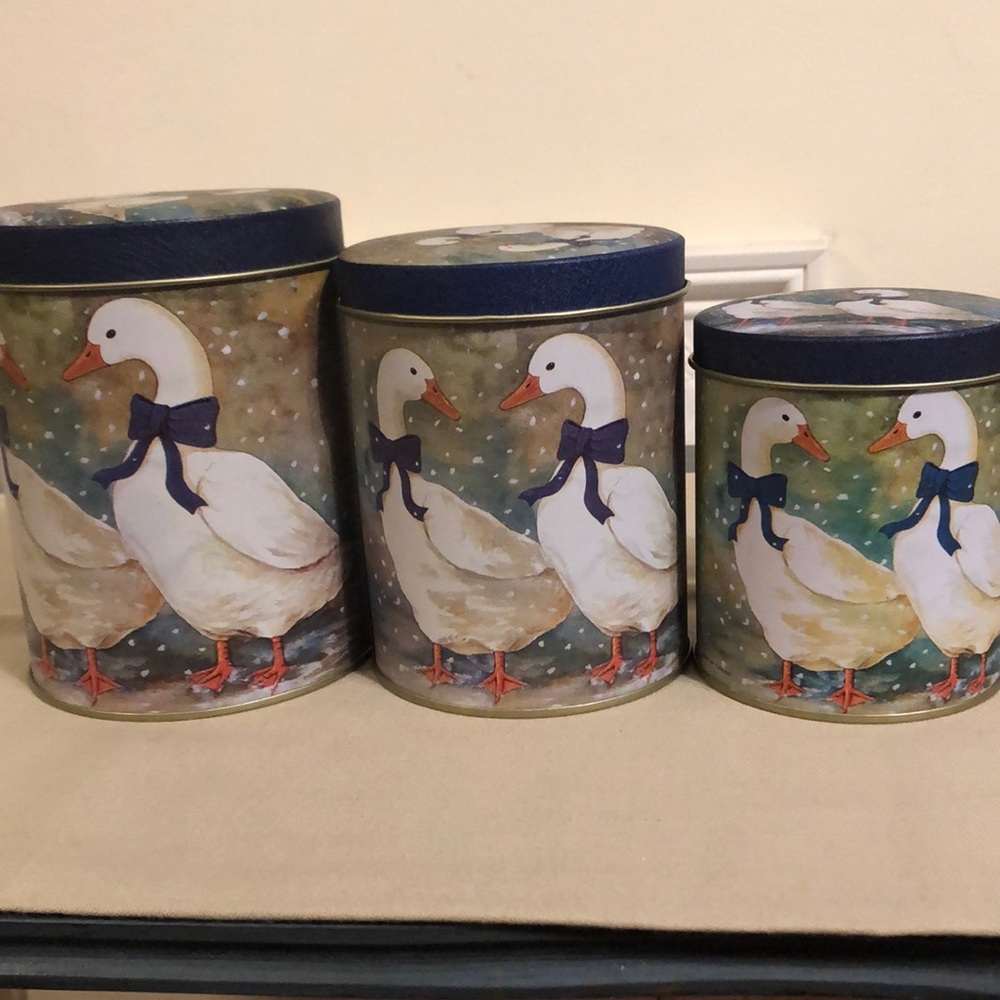 Vintage Nesting kitchen tins 1980’s canisters ducks and geese with bows